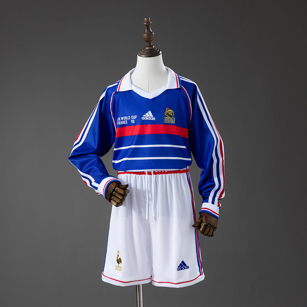 France 1998 Home Retro Long Sleeve Kids Kit Jersey