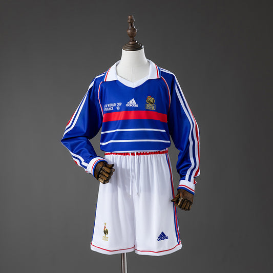 France 1998 Home Retro Long Sleeve Kids Kit Jersey