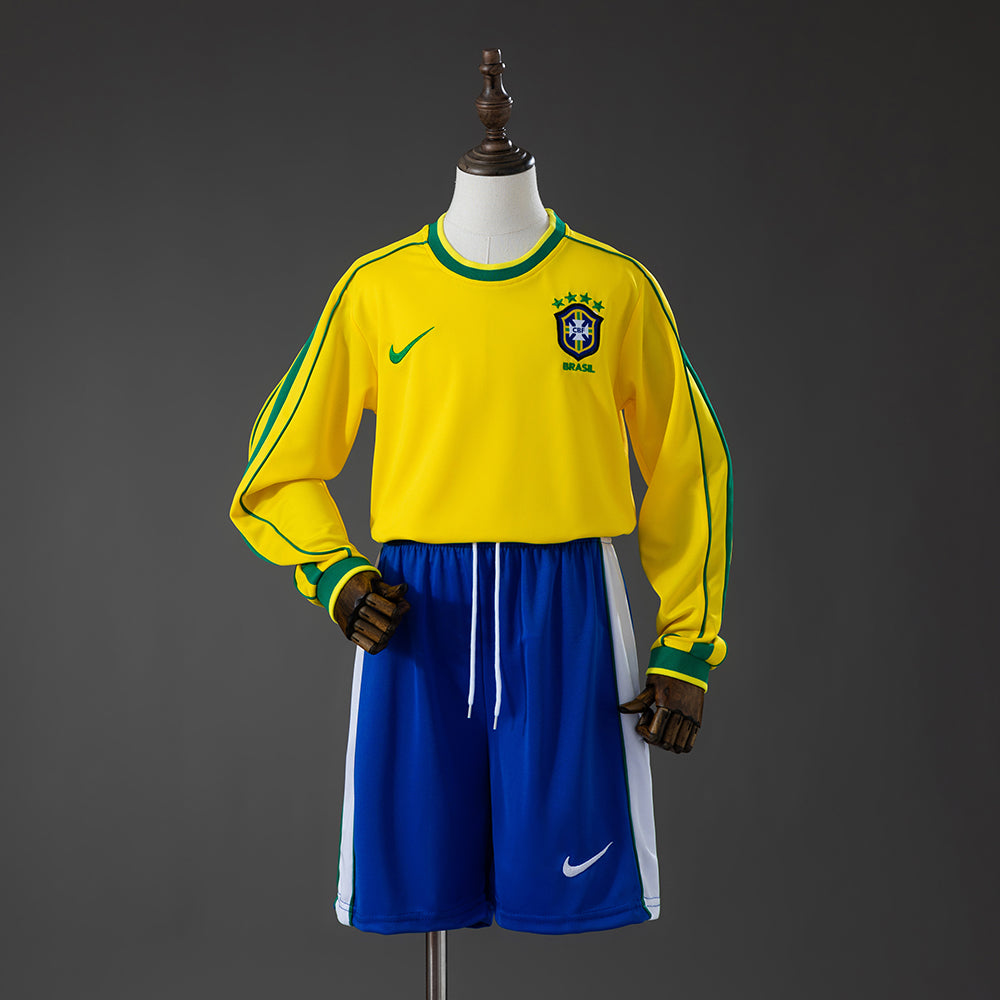 Brazil 1998 Home Retro Long Sleeve Kids Kit Jersey