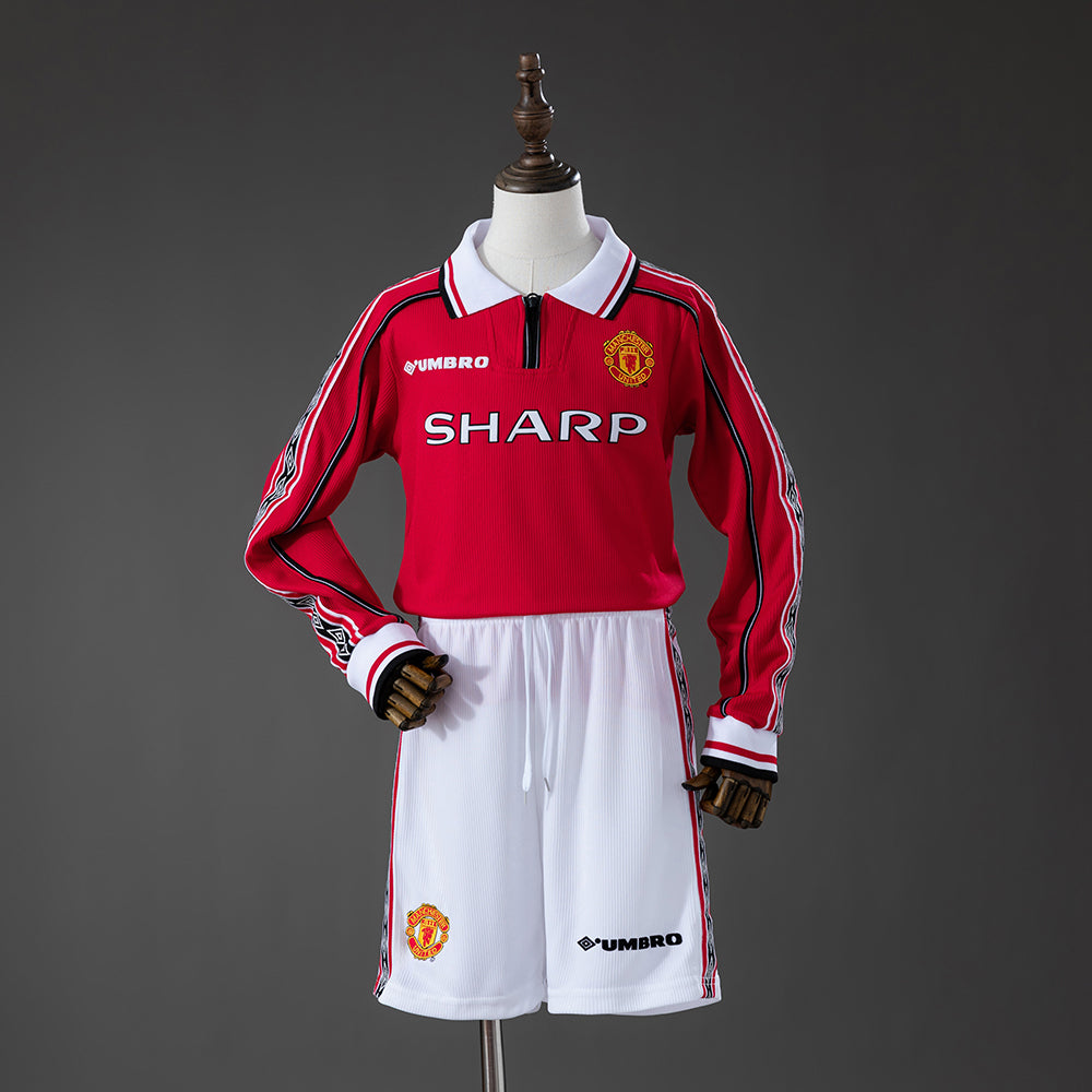 Man United 98/99 Home Retro Long Sleeve Kids Kit Jersey
