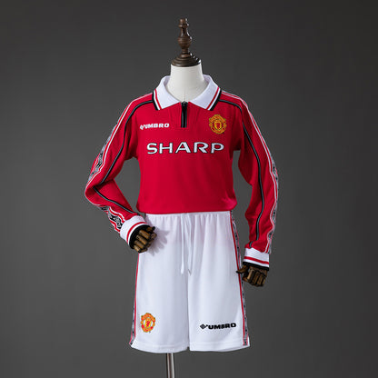 Man United 98/99 Home Retro Long Sleeve Kids Kit Jersey
